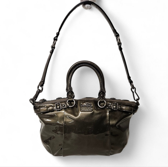 Coach 2011 Madison Patent Leather Sophia Satchel Bag In Green And Gunmetal - Picture 2 of 16